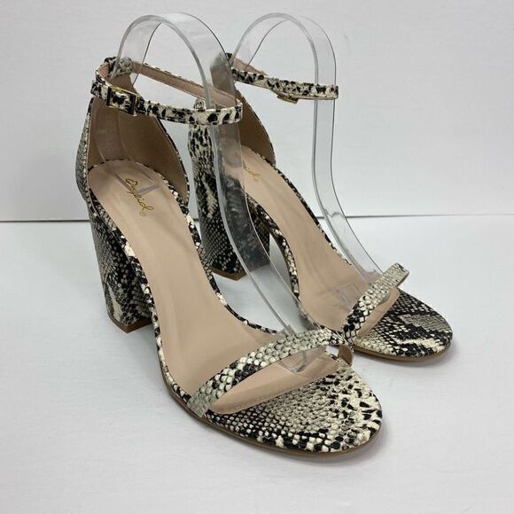 Qupid Snake Embossed Open Toe Ankle Strap Chunky Heel in Beige Brown - Picture 2 of 7